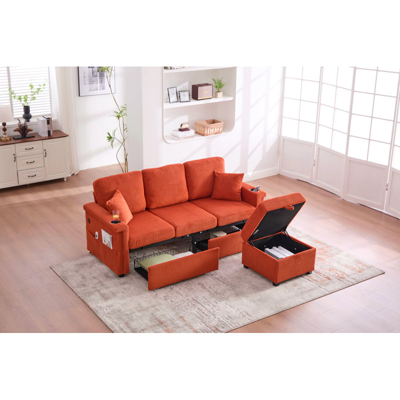 76.39" Reversible L-Shaped Sectional Sofa with Pull-Out Storage, Ottoman & Pillows with USB Charging,Cup Holder for Living Room