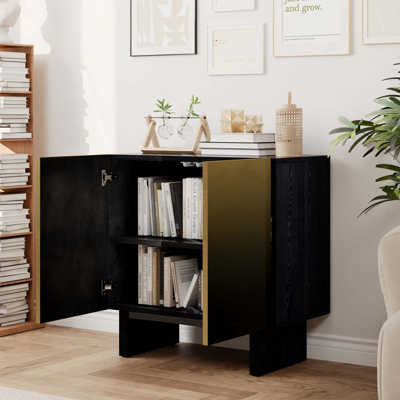 Modern Matte Black 2-Door Accent Cabinet with Gold Wire Mesh & Push-to-Open