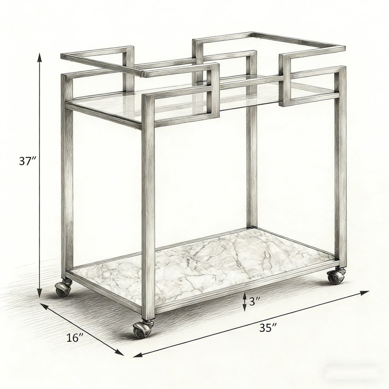 Chariot de service Neilo en verre transparent et plateau en faux marbre avec cadre en fil de laiton pour une utilisation multifonctionnelle élégante.