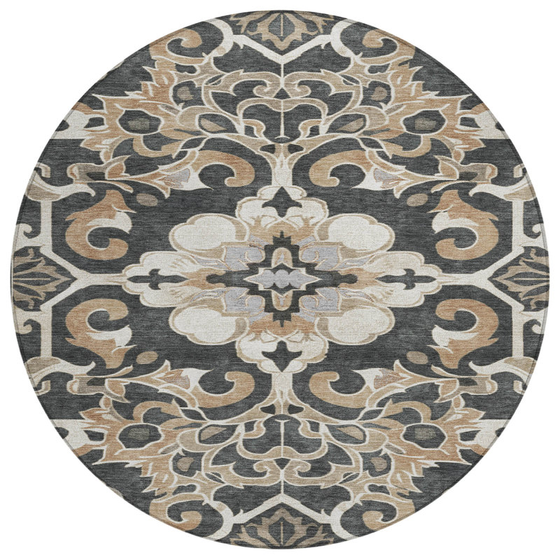 Machine Washable Indoor/Outdoor Xhevrie Charcoal Rug, Round 8'