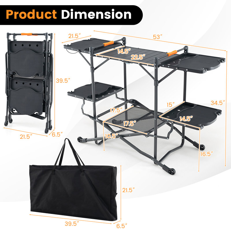 Camping Kitchen Table  Folding Outdoor Cooking Station W/ 4 Side Tables Storage Rack