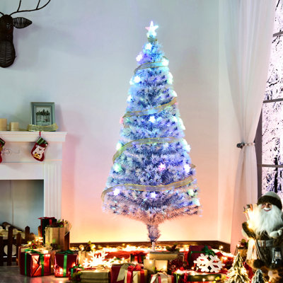 Sapin de Noël artificiel 5 pi avec lumières réalistes, lumières DEL multicolores, fibre optique et 180 pointes - blanc / bleu