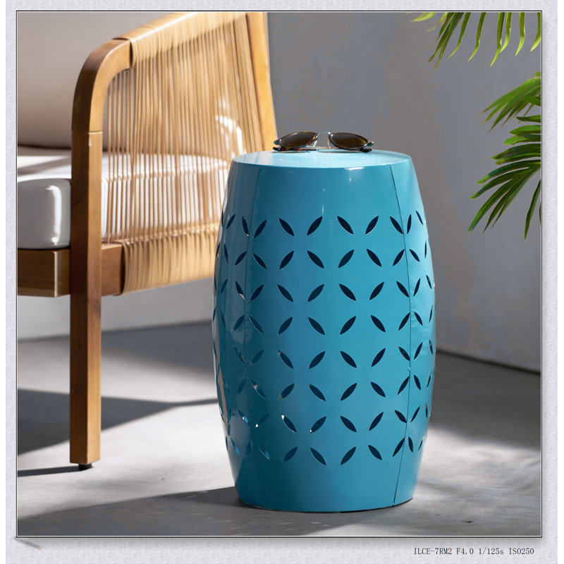 LILAC 12-Inch Accent Side Table, Cylindrical Design For Living Room And Entryway, Industrial Style With Laser-Cut Motifs, Indoor And Outdoor Use