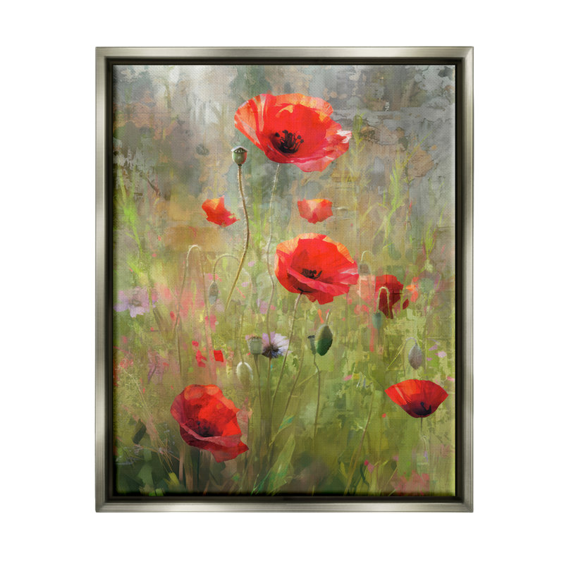 Abstrait coquelicots rouges sur toile, H 31 po x l 25 po, Cadre flottant gris lustré