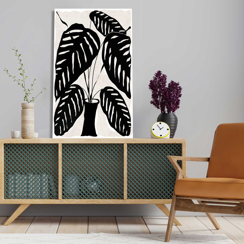 «Black and White Plant I» par Daniela Santiago - Peinture, L 18 po x H 30 po, Toile tendue