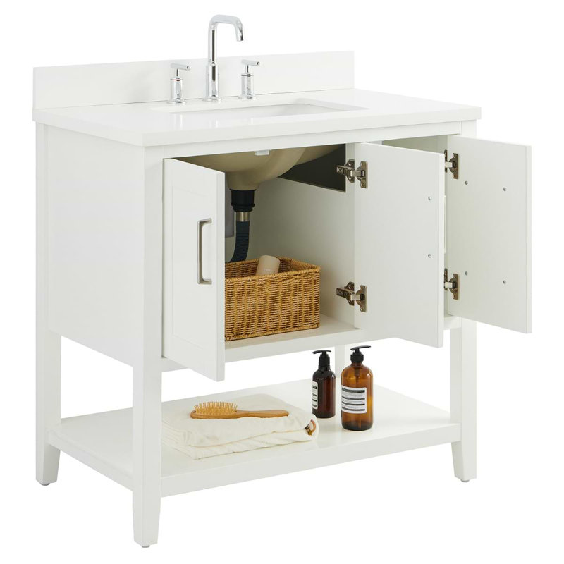 Sheraton 36" Freestanding Standard Single Bathroom Vanity with Top, White, Brushed Nickel
