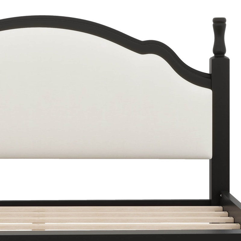 Lit plateforme en bois avec tête de lit tapissier, structure en bois de pin robuste, Beige/Black, King