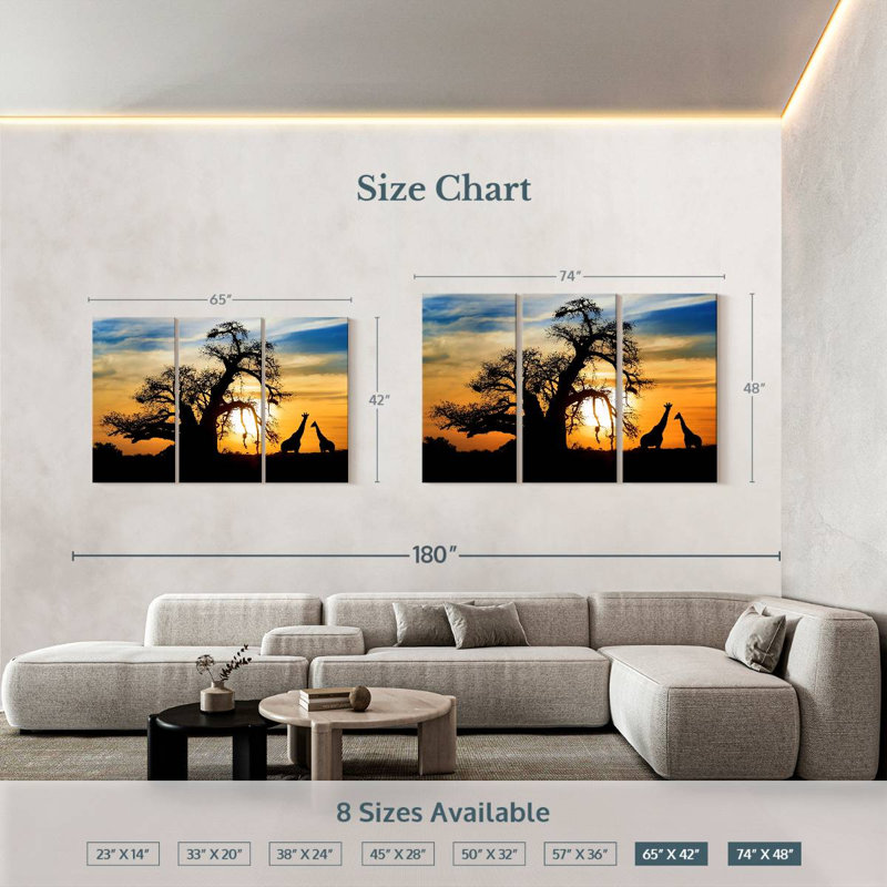 Coucher de soleil africain girafes, H 42 po x l 65 po