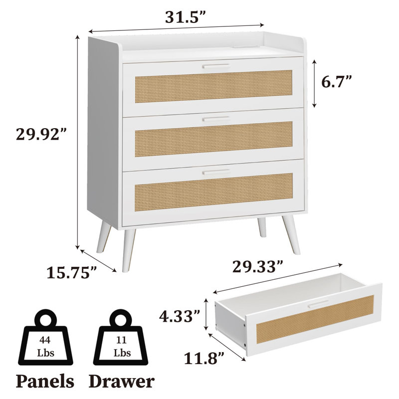 White and Rattan 3-Drawer Chest with Power Outlets