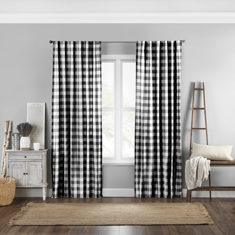 Broadus 100% Cotton Buffalo Check Semi-Sheer Rod Pocket Single Curtain Panel, 52" x 95", Black
