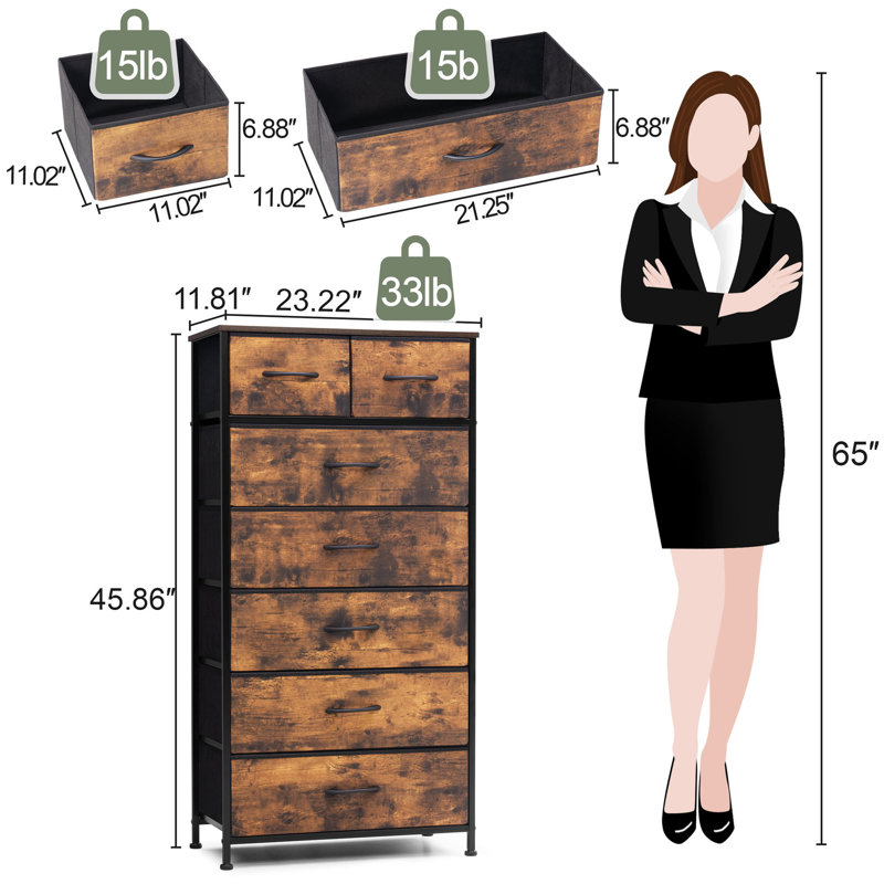 Commode 7 tiroirs 23,22 po, brun rustique, Brun rustique