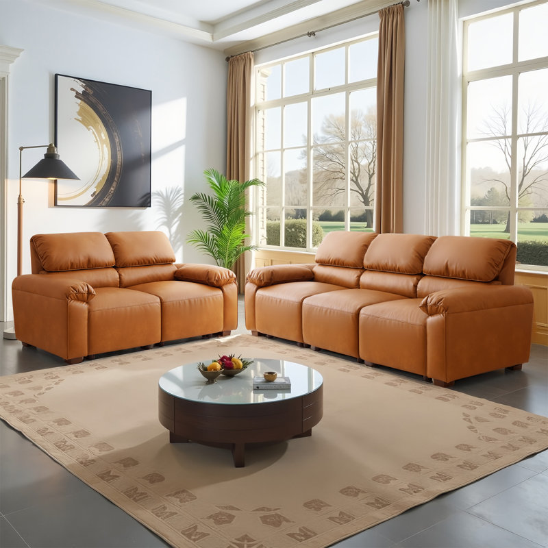 Latitude Run® 2-Piece  Faux Leather Upholstery Sofa Set for Living Room, Bedroom, Oversized Couch Modular Sectional Sofas(3 Seater Sofa+Loveseat), Brown