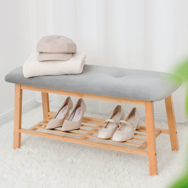 Banc à chaussures rembourré 35,6 po avec tablette de rangement pour le vestibule, coussin en velours gris, Gris moyen