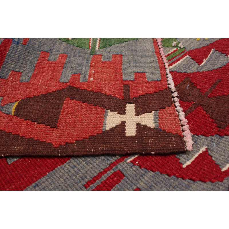 Tapis rouge/vert/gris/gris en laine 4 pi 11 po x 9 pi one-of-kind fait main kilim Norcross