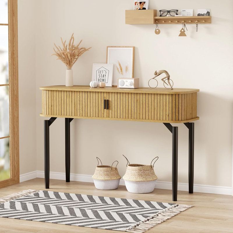 Fluted Console Table with Storage,Wood Sofa Table with Sliding Door,Entryway Table with Storage Space for Living Room