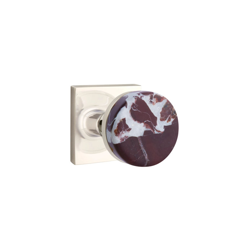 Ensemble de boutons de passage Emtek Select avec rosette carrée et tige conique, bouton en marbre Rosso Levanto, Nickel poli