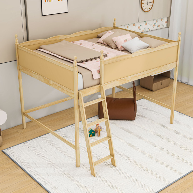 Lit mezzanine double en bois avec échelle et garde-corps, Lit double, Naturel