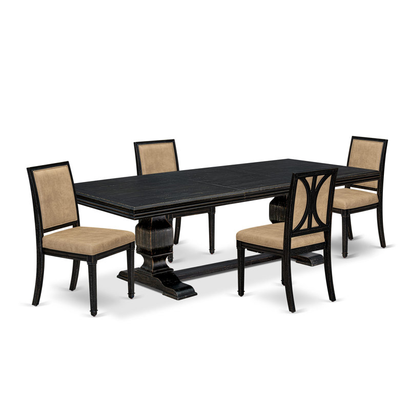 L'ensemble de table de cuisine 5 pièces se compose d'une table de salle à manger moderne et de 4 chaises de salle à manger en cuir de polyuréthane beige avec dossier haut - fini noir sablé