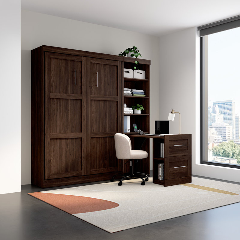 84W Full Size Murphy Bed With Pull-Out Desk, Black Walnut