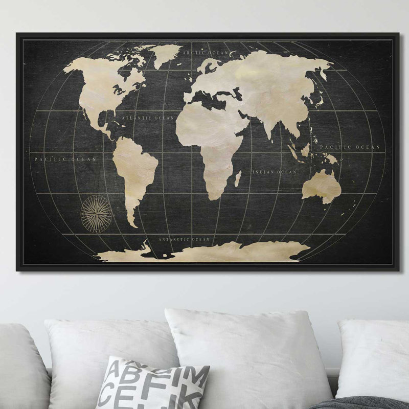 «Vintage World Map», impression, H 27,5 po x l 43,5 po x P 2 po, Cadre flottant noir