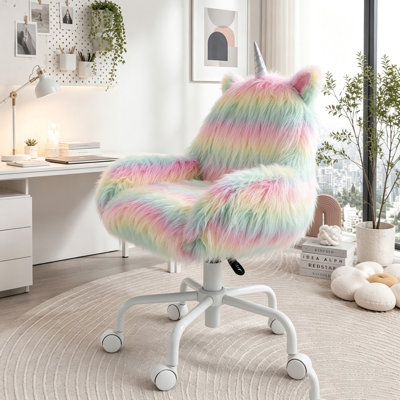 Chaise de bureau pivotante en peluche avec hauteur réglable et motif arc-en-ciel