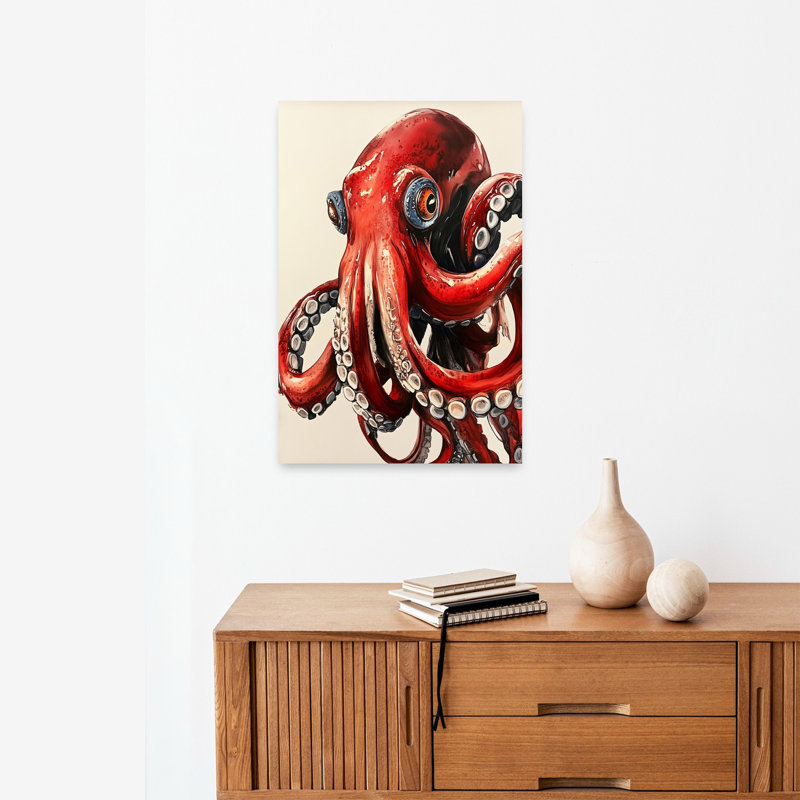 «Vibrant Red Octopus Octopus Beach», art mural, H 24 po x l 16 po