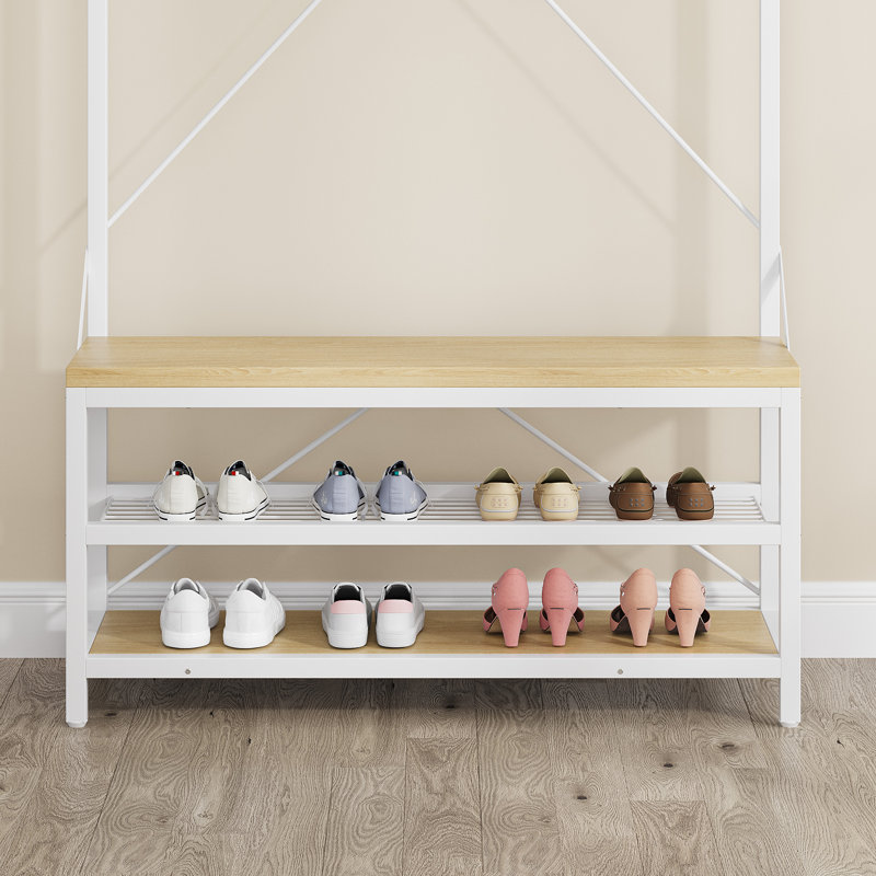 Industrial Coat Rack and Shoe Bench Hall Tree – Entryway Storage with Large Shoe Rack, 8 Hooks, Hanging Bar & Shelf, 39.9" x 15.7" x 72" (White)