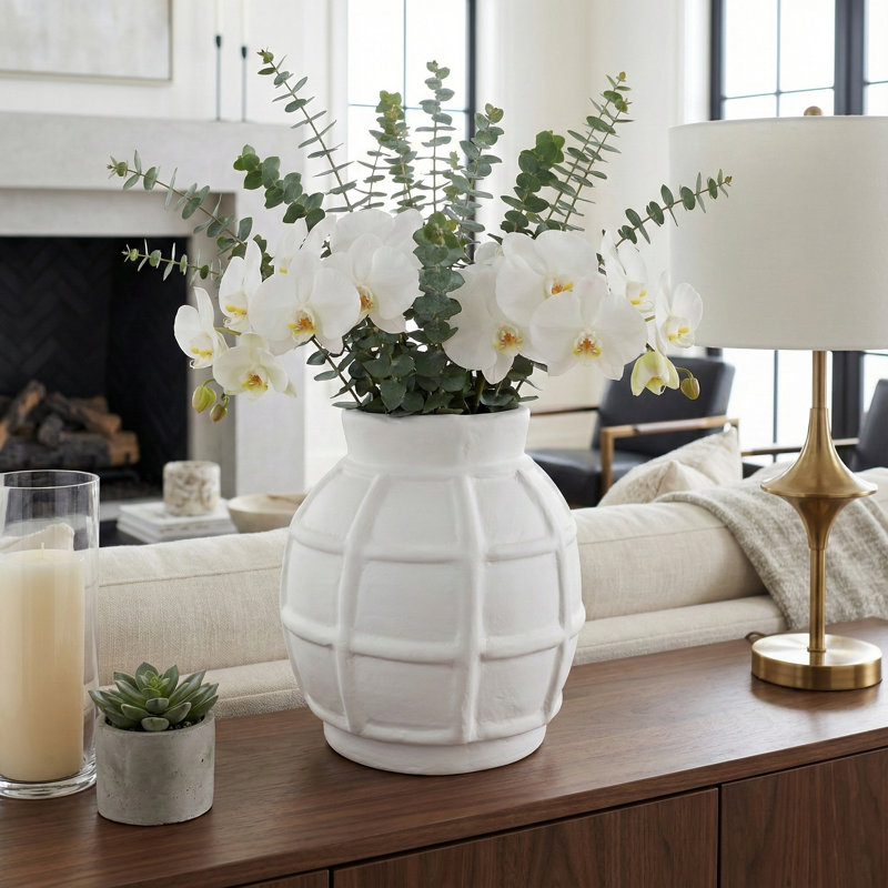 Kenith Vase Paper Mache Raised Grid Texture Modern Casual Home Decor For Living Room Bedroom Office - White