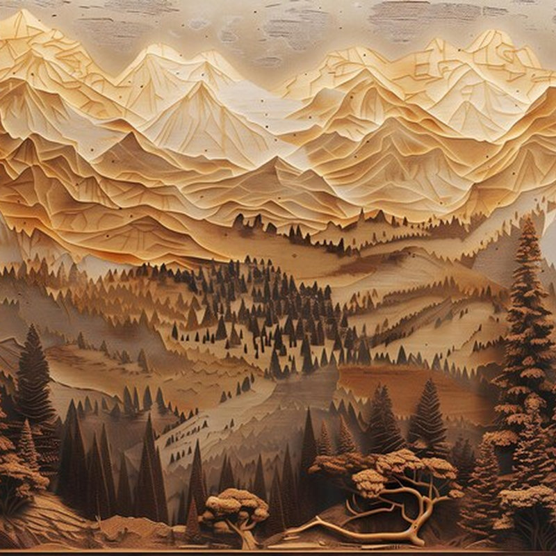 Layered Woodcut Mountain Forest Landscape Wall Mural, 204" L x 114" W