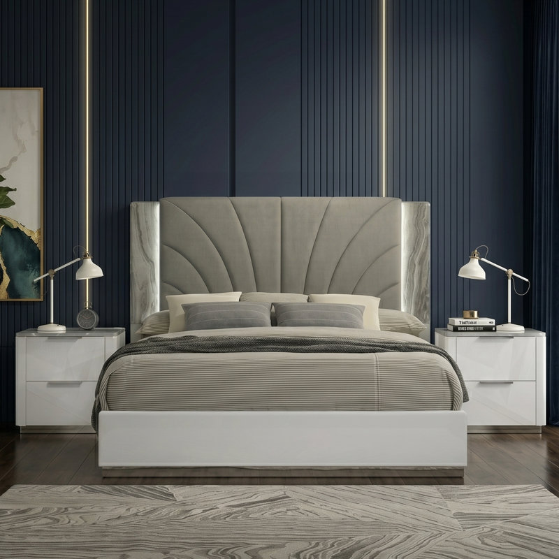 Collection de chambre à coucher grand luxe Monaco avec finition blanche ultrabrillante, accents de marbre gris et éclairage à DEL intégré