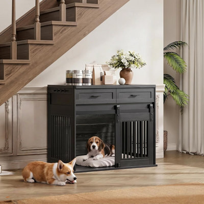 Meuble pour chien 44,5 pouces avec 2 tiroirs de rangement, chenil en bois robuste avec porte de grange coulissante et crochet, table de bout pour chenil
