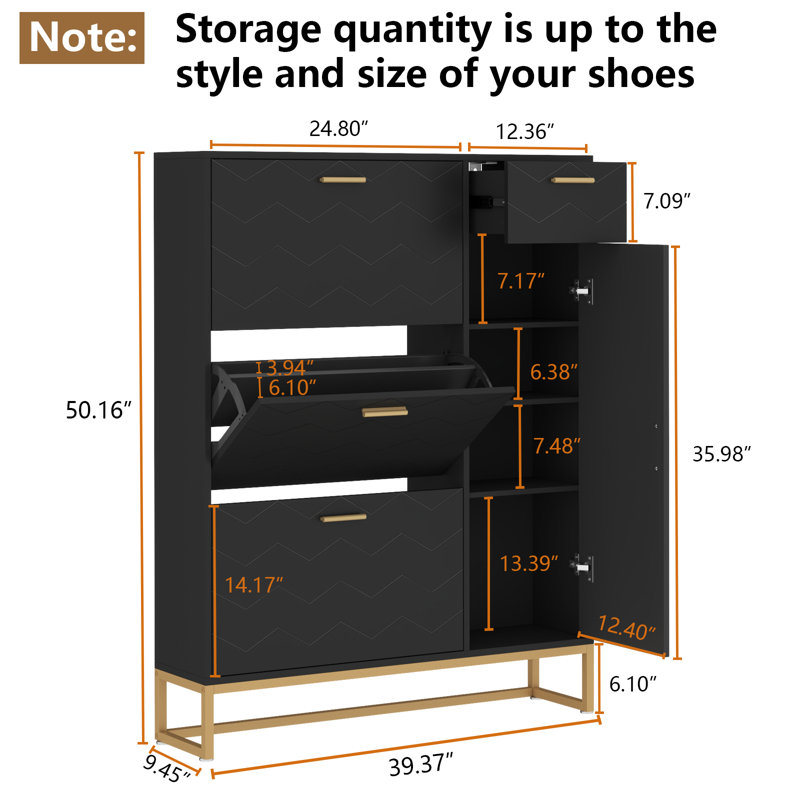 Black Modern MDF Shoe Storage Cabinet with Gold Handles