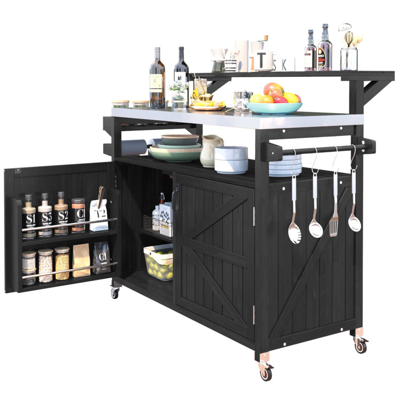 53.3" Outdoor Kitchen Island With Raised Shelf, Solid Wood Storage Cabinet With Stainless Steel Top, Outdoor Rolling Grill Cart With Internal Storage Rack, Adjustable Shelf, Spice Rack