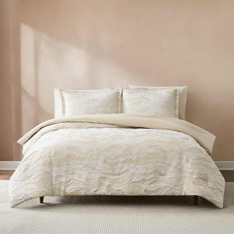 Cascade Wave Cotton Comforter Set Cream/White 3 Piece Set King, King Comforter + 2 King Shams, Cream