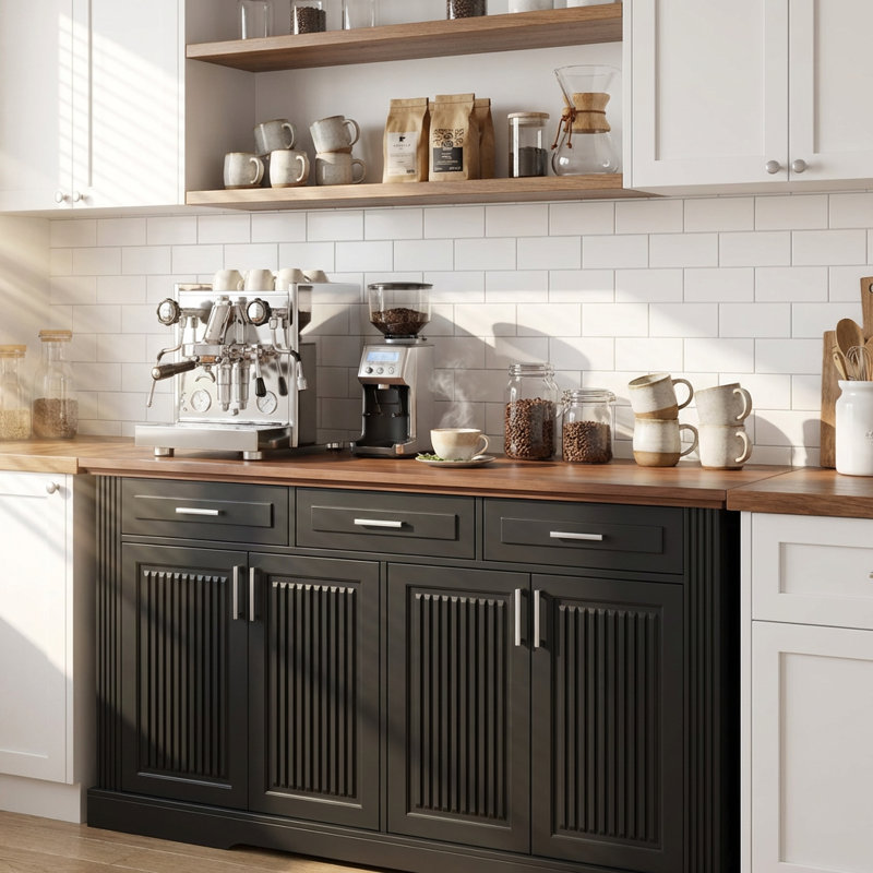 Modern Fluted Sideboard Buffet Cabinet with Four Doors and Three Drawers, Versatile Storage Console Table for Kitchen, Dining Room, Living Room, or Entryway, Adjustable Shelves and Anti-Tip Safety Features Included