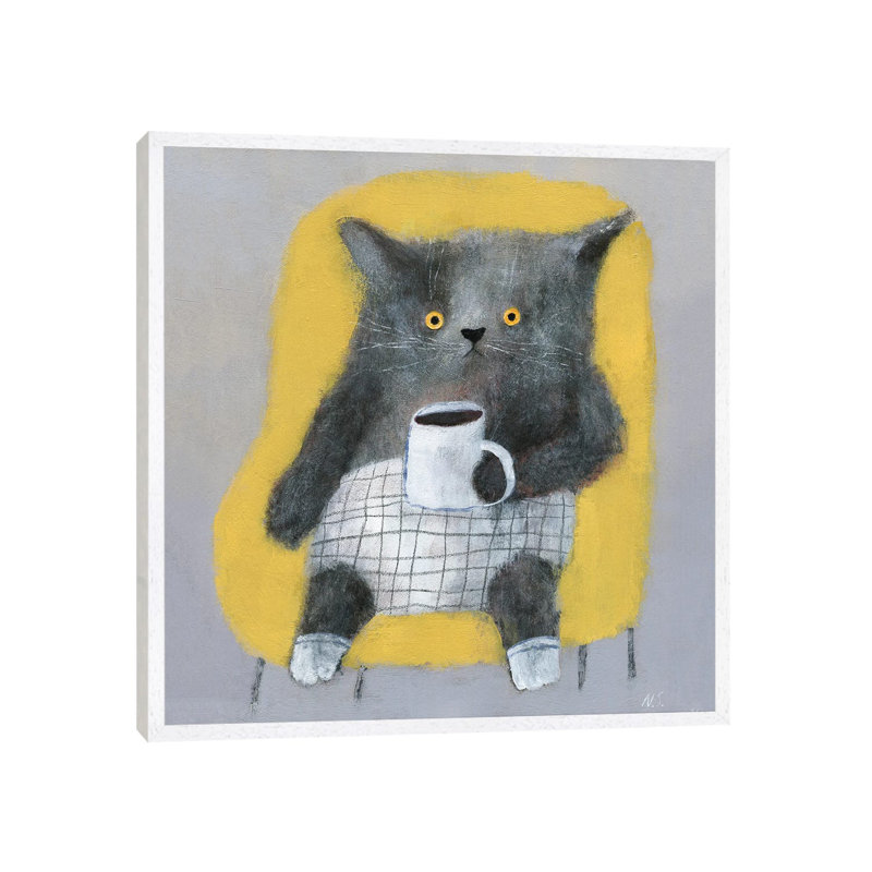 The Cat In The Yellow Chair by Natalia Shaloshvili - Painting on Canvas, 93.98cm H x 93.98cm W x 3.81cm D, White Framed