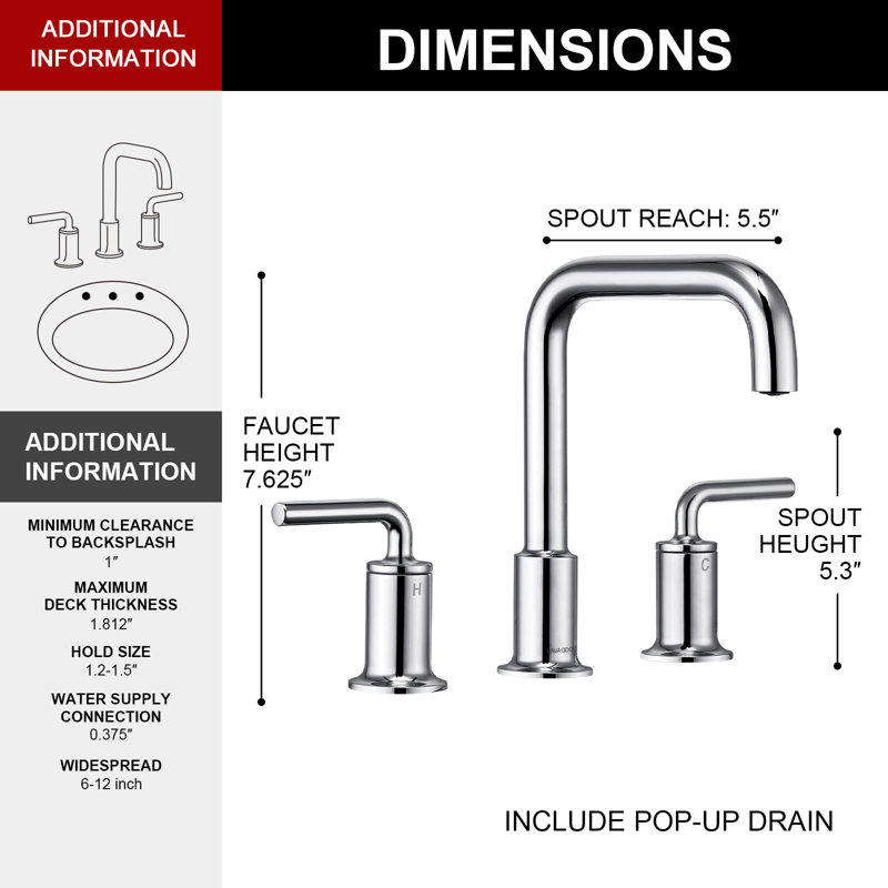 Widespread 2-handle Bathroom Faucet with Drain Assembly, Chrome