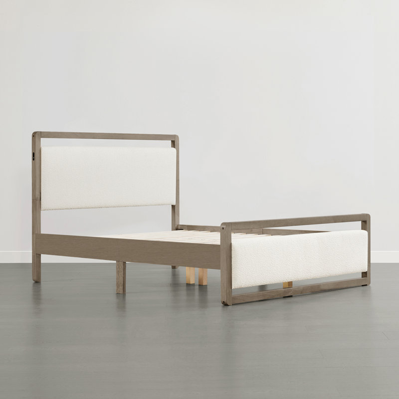 Modern Solid Wood Boucle Upholstered Bed Frame with USB, Walnut, Queen, Oat