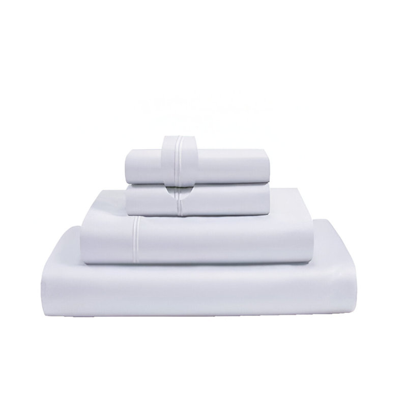 400TC Luxurious Double Embroidery Sateen Solid Cotton 4 Piece Sheet Set Fitted Sheet Fits Upto 16" Deep Pocket, White