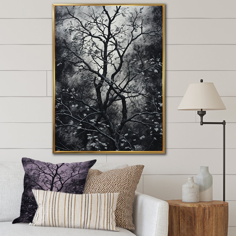 Arbre gothique gris la nuit II - arbre, art mural, Cadre flottant doré, H 20 po x l 12 po