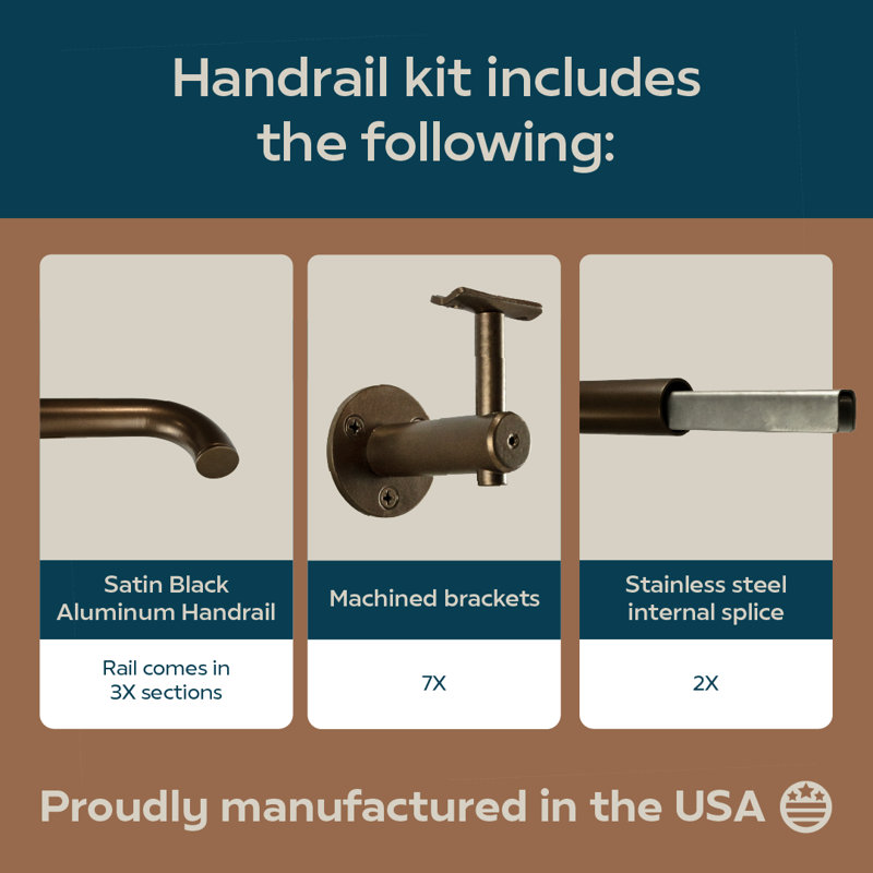Industrial Aluminum 1.5 Inch Round Ada Complete Indoor/outdoor Straight Handrail Grab Bar Kit, Returns To Wall, Bronze