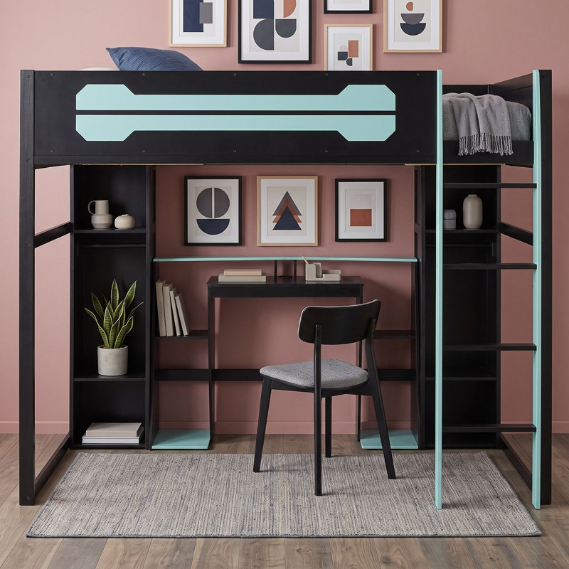 Lit mezzanine double en bois avec bureau intégré, éclairage à DEL RVB et station de charge, Black Blue