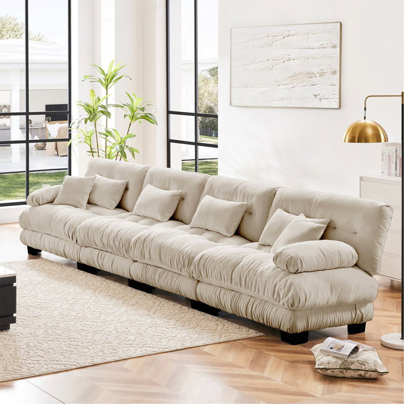 Canapé modulaire 4 places à assise profonde, canapé en chenille, canapé rembourré confortable pour salon, appartement, studio, bureau, café chenille clair