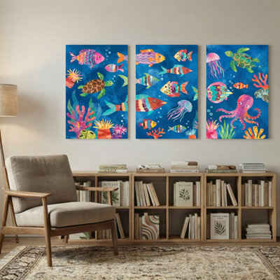 Animaux, créatures marines colorées et récifs coralliens, ensemble de 3 impressions sur toile