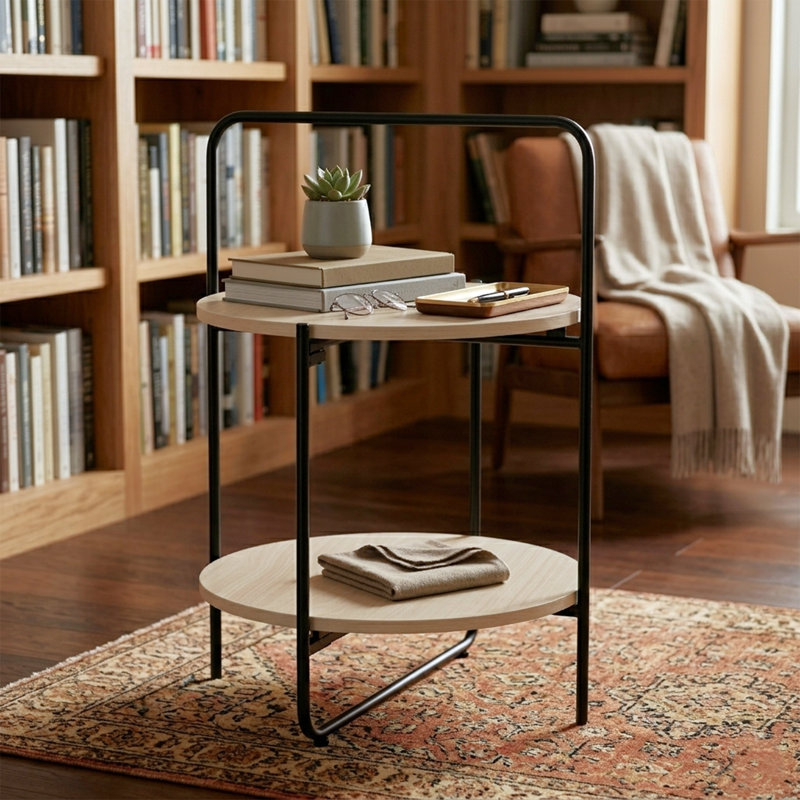 Table d'appoint pliante ronde 18 po - plateau en bois de chêne clair à 2 niveaux, table de bout scandinave en métal avec poignée