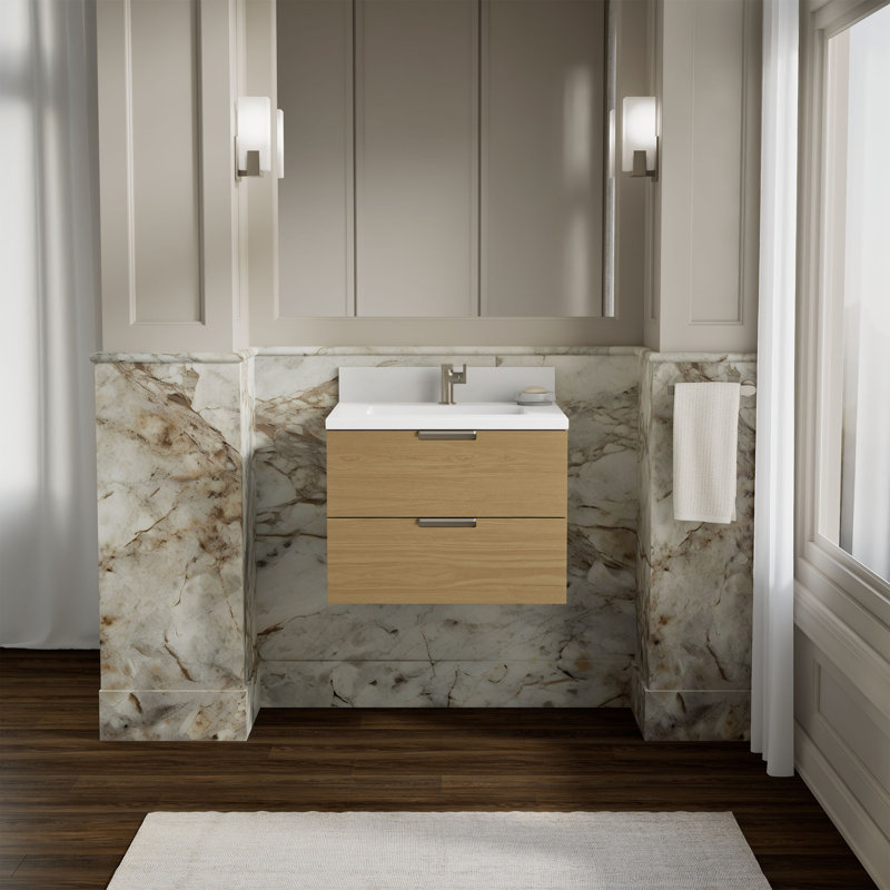 Maxstow Wall-Hung Bathroom Vanity Cabinet With Sink And Quartz Top, Light Oak, 24"