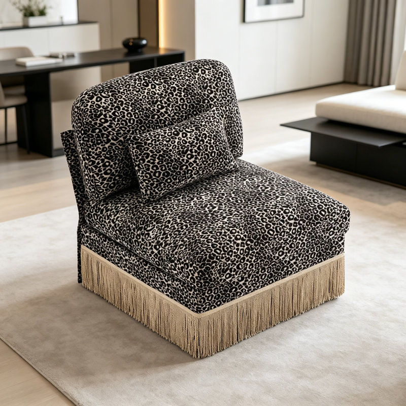 Armless Sofa Seat Leopard Chenille W/1 Pillow -Khaki Black, Khaki/Black