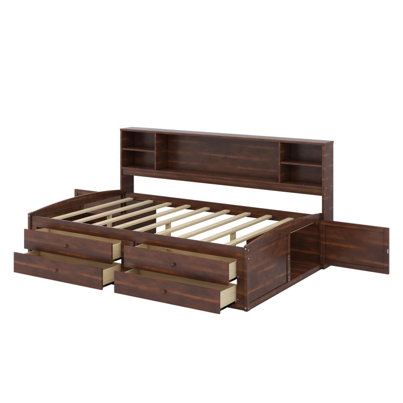 Lit capitaine en bois avec tablettes de rangement intégrées, 4 tiroirs et 2 armoires
