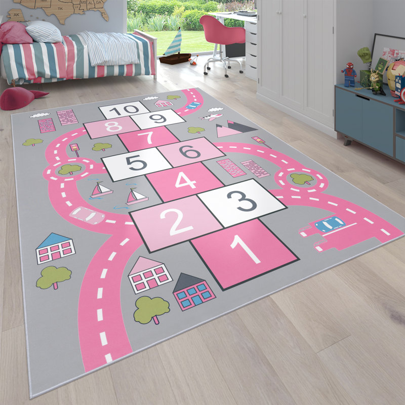 Delorenzo Children's Rug Street with Bouncy Box Game Power Loom Pink/Grey Rug, Rectangle 160 x 220cm