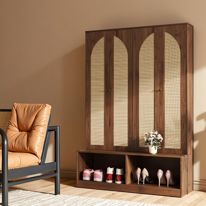 Arbre d'entrée 4 en 1 avec banc et armoire de rangement en rotin de style bohémien, Brun